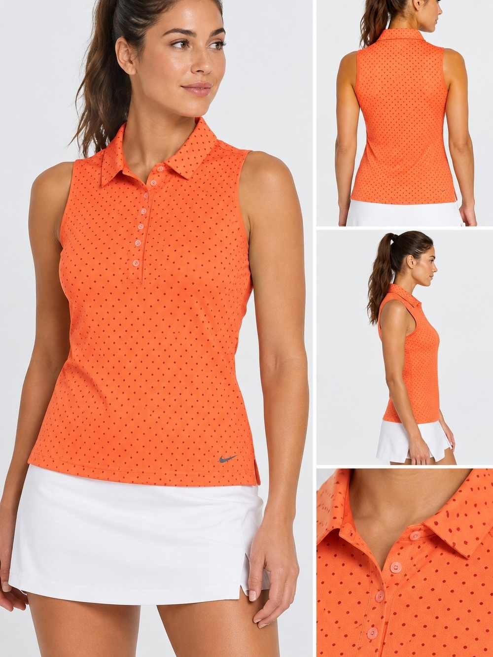Nike Golf Tour Performance Dri-FIT Orange Polka Dot Sleeveless Polo Top M